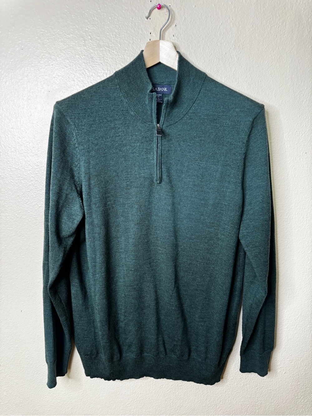 Jos A Bank Men’s Dark Green Merino Wool Quarter Zip Sweater Tailored Fit L